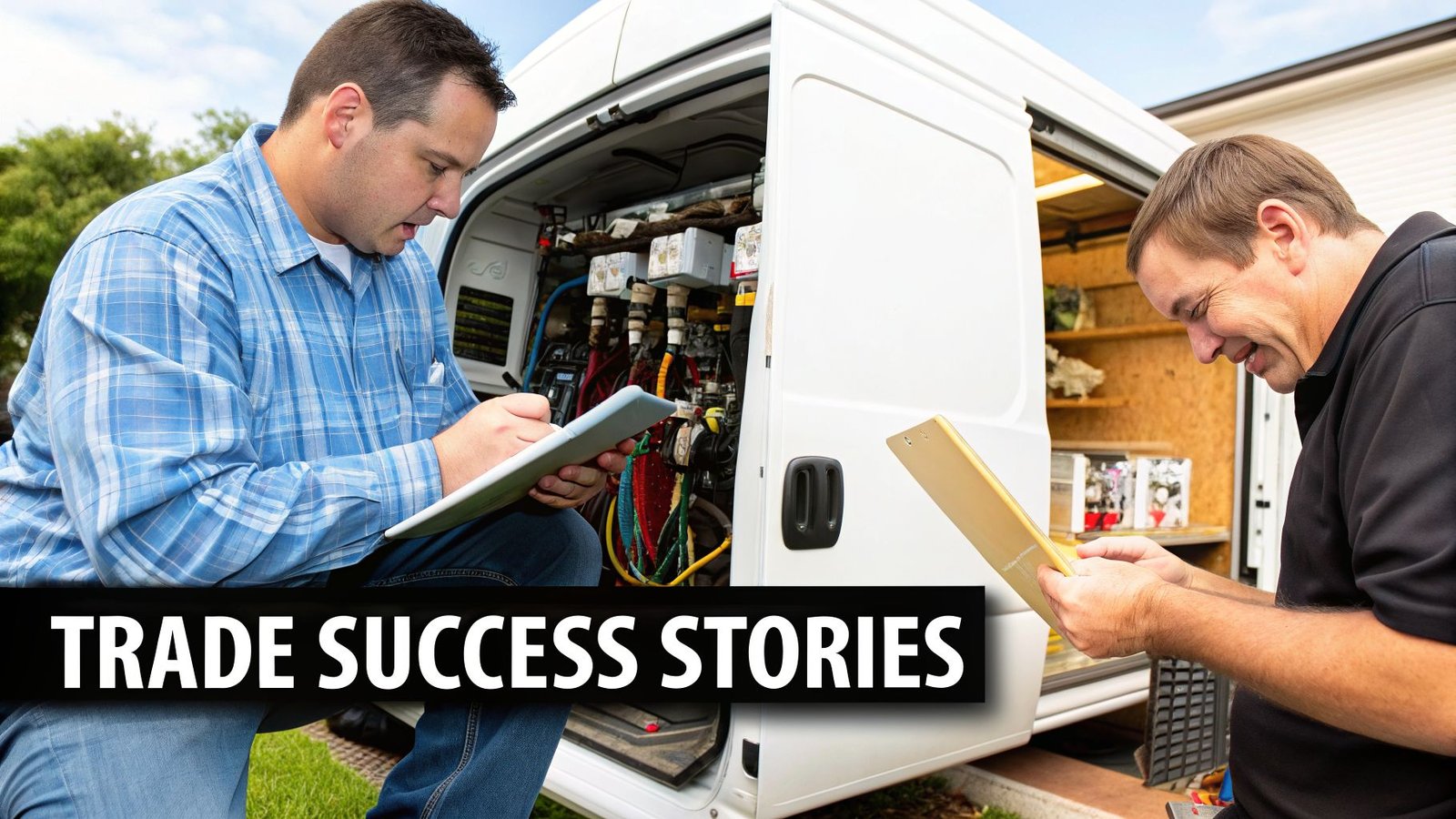 Two tradesmen working on documents and reviewing inventory next to their service van.