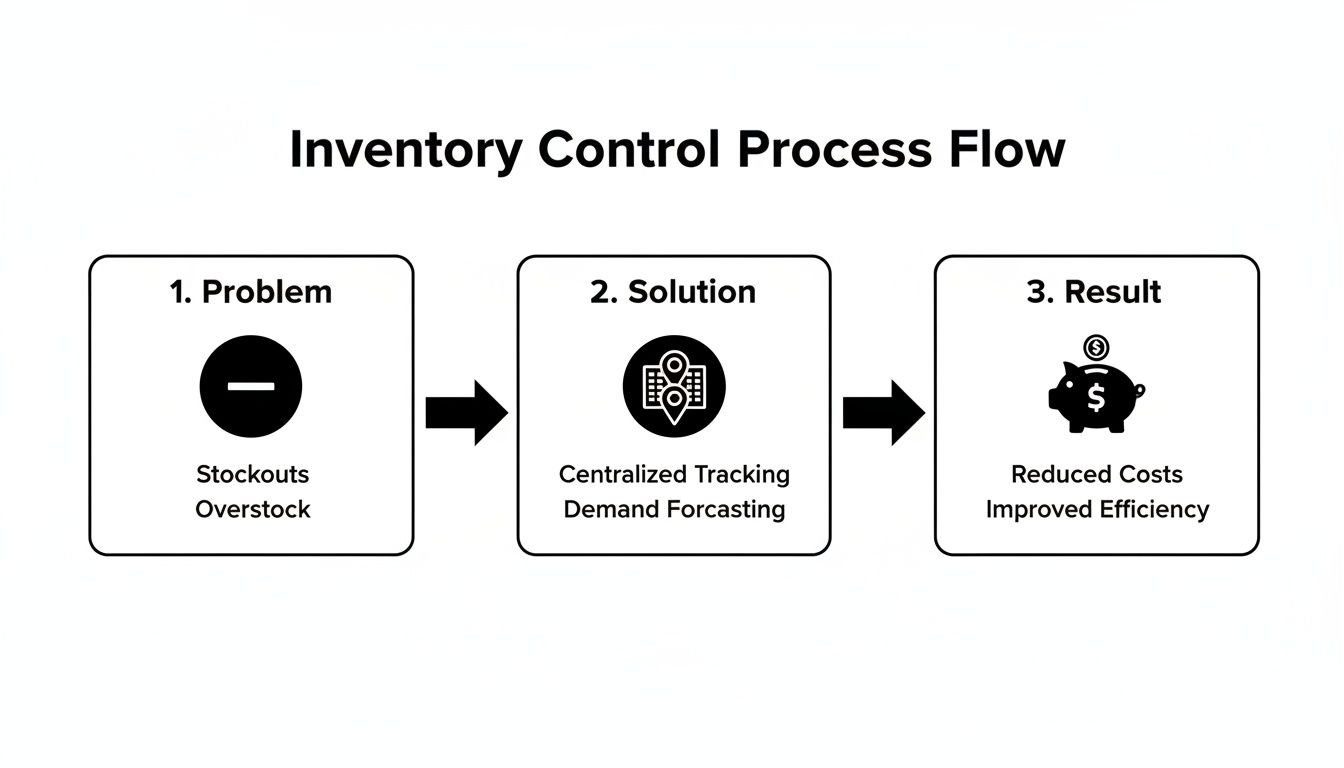 Flowchart illustrating inventory control problems, solutions, and positive results like reduced costs.