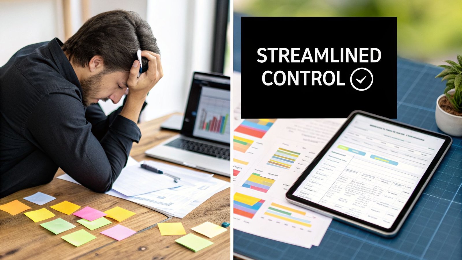 A stressed professional struggling with complex data, contrasted with a tablet showing 'Streamlined Control'.